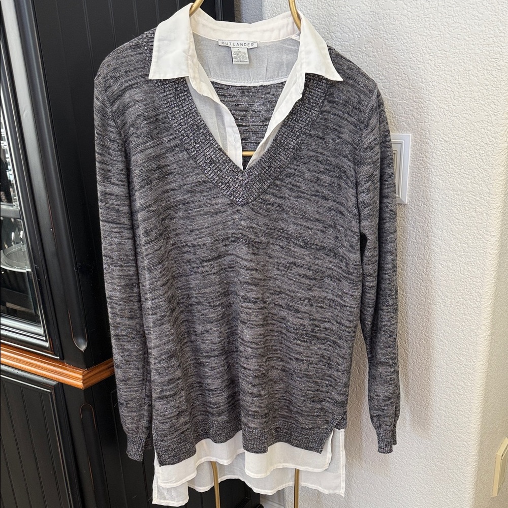 Womens Gray V-Neck Sweater with faux collared shirt